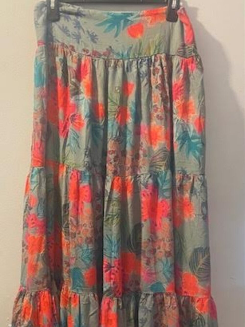 Floral Tiered Maxi Skirt - Olive & Coral - Picture 4 of 7